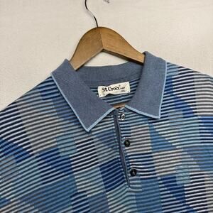 Vintage St Croix Sweater Polo Men's 2XL Blue Striped Geometric Knit USA Made 90s